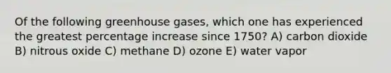 Of the following greenhouse gases, which one has experienced the greatest <a href='https://www.questionai.com/knowledge/kGhkVyPhRK-percentage-increase' class='anchor-knowledge'>percentage increase</a> since 1750? A) carbon dioxide B) nitrous oxide C) methane D) ozone E) water vapor