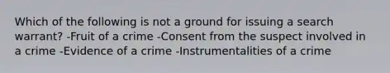 Which of the following is not a ground for issuing a search warrant? -Fruit of a crime -Consent from the suspect involved in a crime -Evidence of a crime -Instrumentalities of a crime