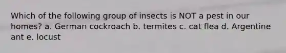 Which of the following group of insects is NOT a pest in our homes? a. German cockroach b. termites c. cat flea d. Argentine ant e. locust