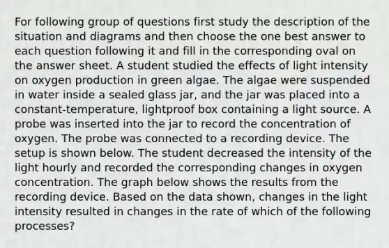 For following group of questions first study the description of the situation and diagrams and then choose the one best answer to each question following it and fill in the corresponding oval on the answer sheet. A student studied the effects of light intensity on oxygen production in green algae. The algae were suspended in water inside a sealed glass jar, and the jar was placed into a constant-temperature, lightproof box containing a light source. A probe was inserted into the jar to record the concentration of oxygen. The probe was connected to a recording device. The setup is shown below. The student decreased the intensity of the light hourly and recorded the corresponding changes in oxygen concentration. The graph below shows the results from the recording device. Based on the data shown, changes in the light intensity resulted in changes in the rate of which of the following processes?