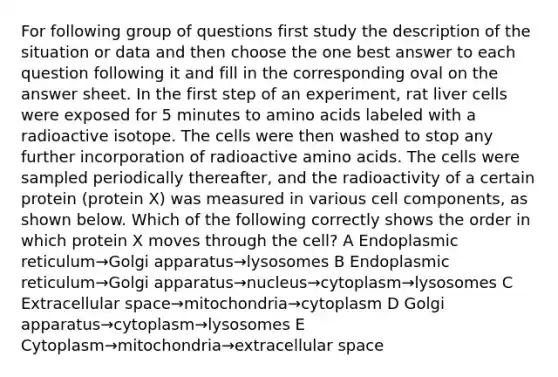 For following group of questions first study the description of the situation or data and then choose the one best answer to each question following it and fill in the corresponding oval on the answer sheet. In the first step of an experiment, rat liver cells were exposed for 5 minutes to amino acids labeled with a radioactive isotope. The cells were then washed to stop any further incorporation of radioactive amino acids. The cells were sampled periodically thereafter, and the radioactivity of a certain protein (protein X) was measured in various cell components, as shown below. Which of the following correctly shows the order in which protein X moves through the cell? A Endoplasmic reticulum→Golgi apparatus→lysosomes B Endoplasmic reticulum→Golgi apparatus→nucleus→cytoplasm→lysosomes C Extracellular space→mitochondria→cytoplasm D Golgi apparatus→cytoplasm→lysosomes E Cytoplasm→mitochondria→extracellular space