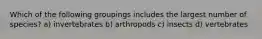 Which of the following groupings includes the largest number of species? a) invertebrates b) arthropods c) insects d) vertebrates