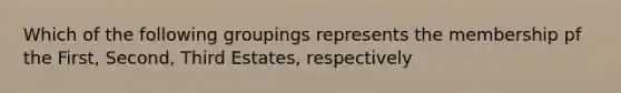 Which of the following groupings represents the membership pf the First, Second, Third Estates, respectively