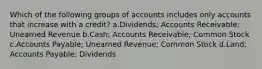 Which of the following groups of accounts includes only accounts that increase with a credit? a.Dividends; Accounts Receivable; Unearned Revenue b.Cash; Accounts Receivable; Common Stock c.Accounts Payable; Unearned Revenue; Common Stock d.Land; Accounts Payable; Dividends