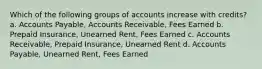 Which of the following groups of accounts increase with credits? a. Accounts Payable, Accounts Receivable, Fees Earned b. Prepaid Insurance, Unearned Rent, Fees Earned c. Accounts Receivable, Prepaid Insurance, Unearned Rent d. Accounts Payable, Unearned Rent, Fees Earned