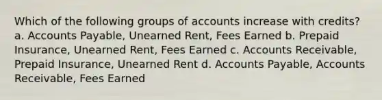 Which of the following groups of accounts increase with credits? a. Accounts Payable, Unearned Rent, Fees Earned b. Prepaid Insurance, Unearned Rent, Fees Earned c. Accounts Receivable, Prepaid Insurance, Unearned Rent d. Accounts Payable, Accounts Receivable, Fees Earned