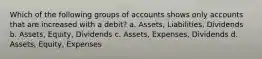 Which of the following groups of accounts shows only accounts that are increased with a debit? a. Assets, Liabilities, Dividends b. Assets, Equity, Dividends c. Assets, Expenses, Dividends d. Assets, Equity, Expenses