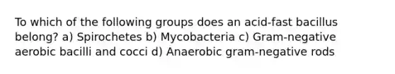 To which of the following groups does an acid-fast bacillus belong? a) Spirochetes b) Mycobacteria c) Gram-negative aerobic bacilli and cocci d) Anaerobic gram-negative rods