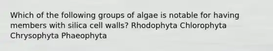 Which of the following groups of algae is notable for having members with silica cell walls? Rhodophyta Chlorophyta Chrysophyta Phaeophyta