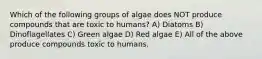 Which of the following groups of algae does NOT produce compounds that are toxic to humans? A) Diatoms B) Dinoflagellates C) Green algae D) Red algae E) All of the above produce compounds toxic to humans.