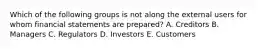 Which of the following groups is not along the external users for whom financial statements are prepared? A. Creditors B. Managers C. Regulators D. Investors E. Customers