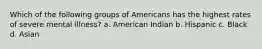 Which of the following groups of Americans has the highest rates of severe mental illness? a. American Indian b. Hispanic c. Black d. Asian