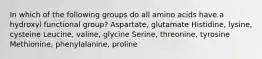 In which of the following groups do all amino acids have a hydroxyl functional group? Aspartate, glutamate Histidine, lysine, cysteine Leucine, valine, glycine Serine, threonine, tyrosine Methionine, phenylalanine, proline