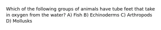 Which of the following groups of animals have tube feet that take in oxygen from the water? A) Fish B) Echinoderms C) Arthropods D) Mollusks