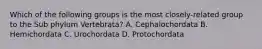 Which of the following groups is the most closely-related group to the Sub phylum Vertebrata? A. Cephalochordata B. Hemichordata C. Urochordata D. Protochordata