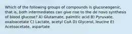 Which of the following groups of compounds is gluconeogenic, that is, both intermediates can give rise to the de novo synthesis of blood glucose? A) Glutamate, palmitic acid B) Pyruvate, oxaloacetate C) Lactate, acetyl CoA D) Glycerol, leucine E) Acetoacetate, aspartate