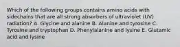 Which of the following groups contains amino acids with sidechains that are all strong absorbers of ultraviolet (UV) radiation? A. Glycine and alanine B. Alanine and tyrosine C. Tyrosine and tryptophan D. Phenylalanine and lysine E. Glutamic acid and lysine