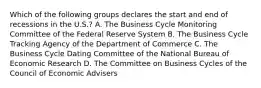 Which of the following groups declares the start and end of recessions in the U.S.? A. The Business Cycle Monitoring Committee of the Federal Reserve System B. The Business Cycle Tracking Agency of the Department of Commerce C. The Business Cycle Dating Committee of the National Bureau of Economic Research D. The Committee on Business Cycles of the Council of Economic Advisers