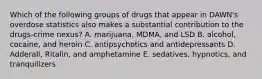 Which of the following groups of drugs that appear in DAWN's overdose statistics also makes a substantial contribution to the drugs-crime nexus? A. marijuana, MDMA, and LSD B. alcohol, cocaine, and heroin C. antipsychotics and antidepressants D. Adderall, Ritalin, and amphetamine E. sedatives, hypnotics, and tranquilizers