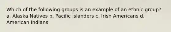 Which of the following groups is an example of an ethnic group? a. Alaska Natives b. Pacific Islanders c. Irish Americans d. American Indians