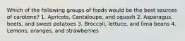 Which of the following groups of foods would be the best sources of carotene? 1. Apricots, Cantaloupe, and squash 2. Asparagus, beets, and sweet potatoes 3. Broccoli, lettuce, and lima beans 4. Lemons, oranges, and strawberries