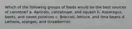 Which of the following groups of foods would be the best sources of carotene? a. Apricots, cantaloupe, and squash b. Asparagus, beets, and sweet potatoes c. Broccoli, lettuce, and lima beans d. Lemons, oranges, and strawberries