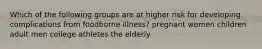 Which of the following groups are at higher risk for developing complications from foodborne illness? pregnant women children adult men college athletes the elderly