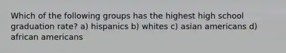 Which of the following groups has the highest high school graduation rate? a) hispanics b) whites c) asian americans d) african americans