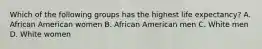 Which of the following groups has the highest life expectancy? A. African American women B. African American men C. White men D. White women