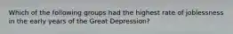 Which of the following groups had the highest rate of joblessness in the early years of the Great Depression?