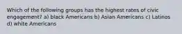 Which of the following groups has the highest rates of civic engagement? a) black Americans b) Asian Americans c) Latinos d) white Americans