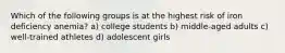 Which of the following groups is at the highest risk of iron deficiency anemia? a) college students b) middle-aged adults c) well-trained athletes d) adolescent girls