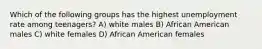 Which of the following groups has the highest unemployment rate among teenagers? A) white males B) African American males C) white females D) African American females