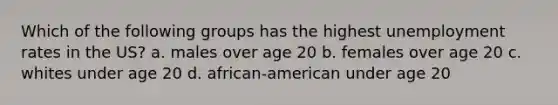 Which of the following groups has the highest unemployment rates in the US? a. males over age 20 b. females over age 20 c. whites under age 20 d. african-american under age 20