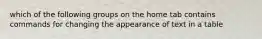 which of the following groups on the home tab contains commands for changing the appearance of text in a table