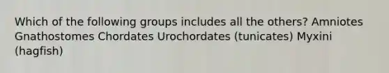 Which of the following groups includes all the others? Amniotes Gnathostomes Chordates Urochordates (tunicates) Myxini (hagfish)