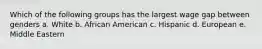 Which of the following groups has the largest wage gap between genders a. White b. African American c. Hispanic d. European e. Middle Eastern