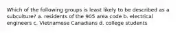 Which of the following groups is least likely to be described as a subculture? a. residents of the 905 area code b. electrical engineers c. Vietnamese Canadians d. college students