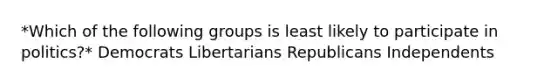 *Which of the following groups is least likely to participate in politics?* Democrats Libertarians Republicans Independents