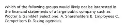 Which of the following groups would likely not be interested in the financial statements of a large public company such as Procter & Gamble? Select one: A. Shareholders B. Employees C. Competitors D. Taxing agencies