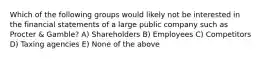 Which of the following groups would likely not be interested in the financial statements of a large public company such as Procter & Gamble? A) Shareholders B) Employees C) Competitors D) Taxing agencies E) None of the above