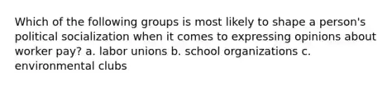 Which of the following groups is most likely to shape a person's political socialization when it comes to expressing opinions about worker pay? a. ​labor unions b. ​school organizations c. ​environmental clubs