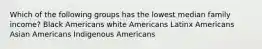 Which of the following groups has the lowest median family income? Black Americans white Americans Latinx Americans Asian Americans Indigenous Americans