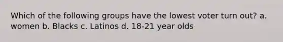 Which of the following groups have the lowest voter turn out? a. women b. Blacks c. Latinos d. 18-21 year olds