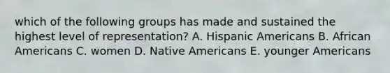 which of the following groups has made and sustained the highest level of representation? A. Hispanic Americans B. African Americans C. women D. Native Americans E. younger Americans