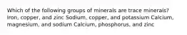 Which of the following groups of minerals are trace minerals? Iron, copper, and zinc Sodium, copper, and potassium Calcium, magnesium, and sodium Calcium, phosphorus, and zinc