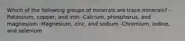 Which of the following groups of minerals are trace minerals? -Potassium, copper, and iron -Calcium, phosphorus, and magnesium -Magnesium, zinc, and sodium -Chromium, iodine, and selenium