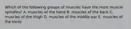 Which of the following groups of muscles have the most muscle spindles? A. muscles of the hand B. muscles of the back C. muscles of the thigh D. muscles of the middle-ear E. muscles of the torso