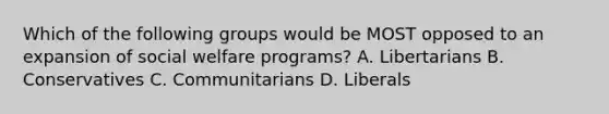 Which of the following groups would be MOST opposed to an expansion of social welfare programs? A. Libertarians B. Conservatives C. Communitarians D. Liberals