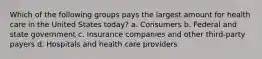 Which of the following groups pays the largest amount for health care in the United States today? a. Consumers b. Federal and state government c. Insurance companies and other third-party payers d. Hospitals and health care providers